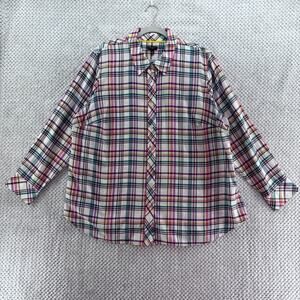 Talbots Top Womens 2X White Plaid Cotton Button Front Long Sleeve Casual Work